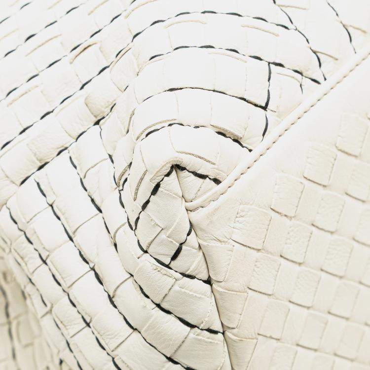 Pre Owned Bottega Veneta Double Chain Tote Medium White Intrecciato Stitched Leather Bag