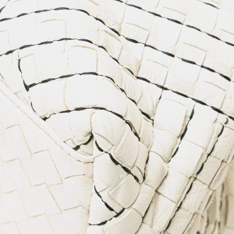 Pre Owned Bottega Veneta Double Chain Tote Medium White Intrecciato Stitched Leather Bag