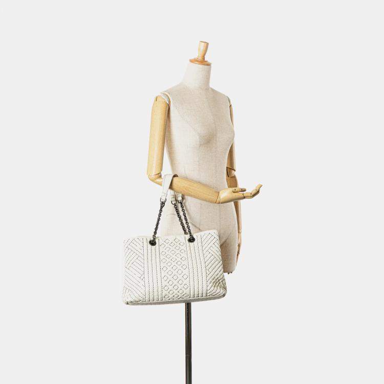 Pre Owned Bottega Veneta Double Chain Tote Medium White Intrecciato Stitched Leather Bag