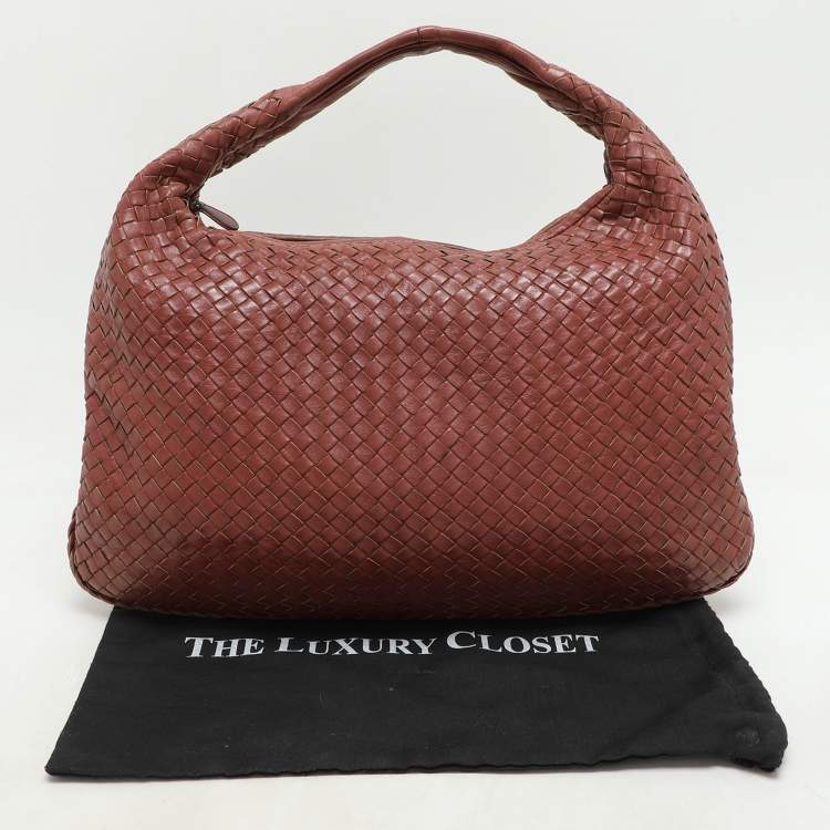 Pre Owned Bottega Veneta Brick Red Intrecciato Leather Medium Veneta Hobo
