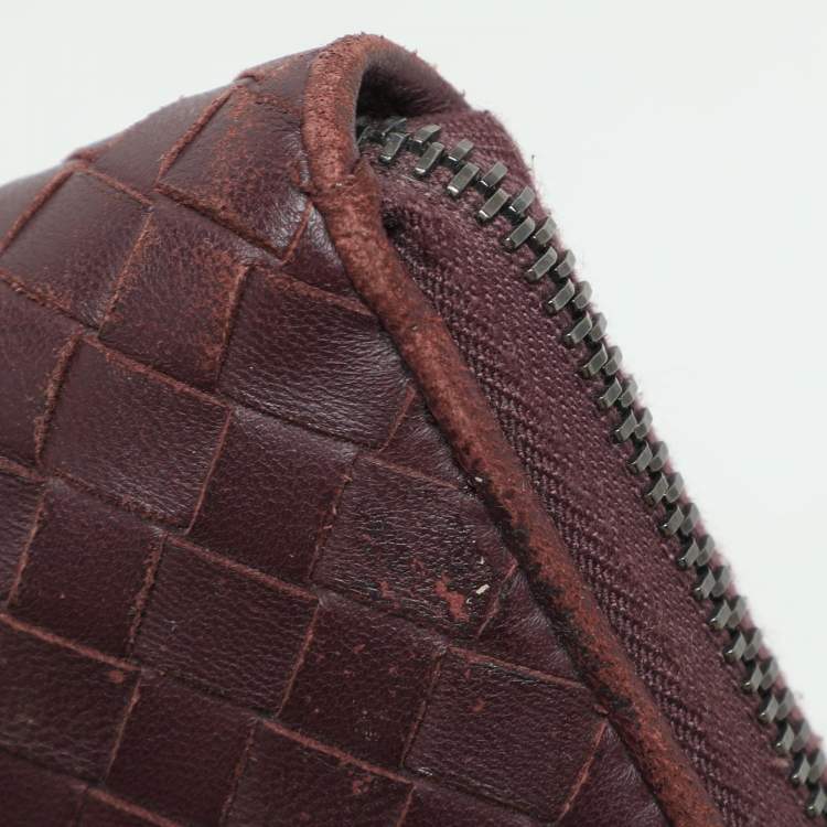 Pre Owned Bottega Veneta Burgundy Intrecciato Leather Zip Around Continental Wallet