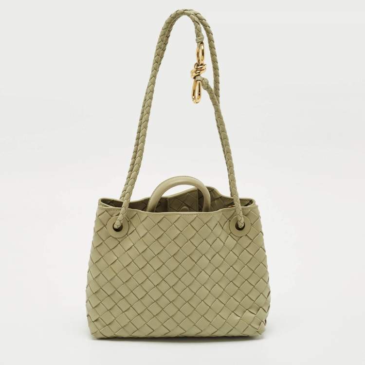 Pre Owned Bottega Veneta Olive Green Intrecciato Leather Small Andiamo Tote