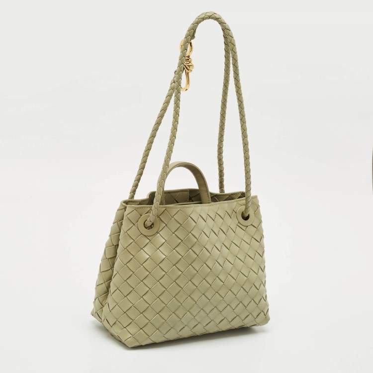 Pre Owned Bottega Veneta Olive Green Intrecciato Leather Small Andiamo Tote