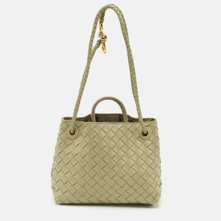 Pre Owned Bottega Veneta Olive Green Intrecciato Leather Small Andiamo Tote