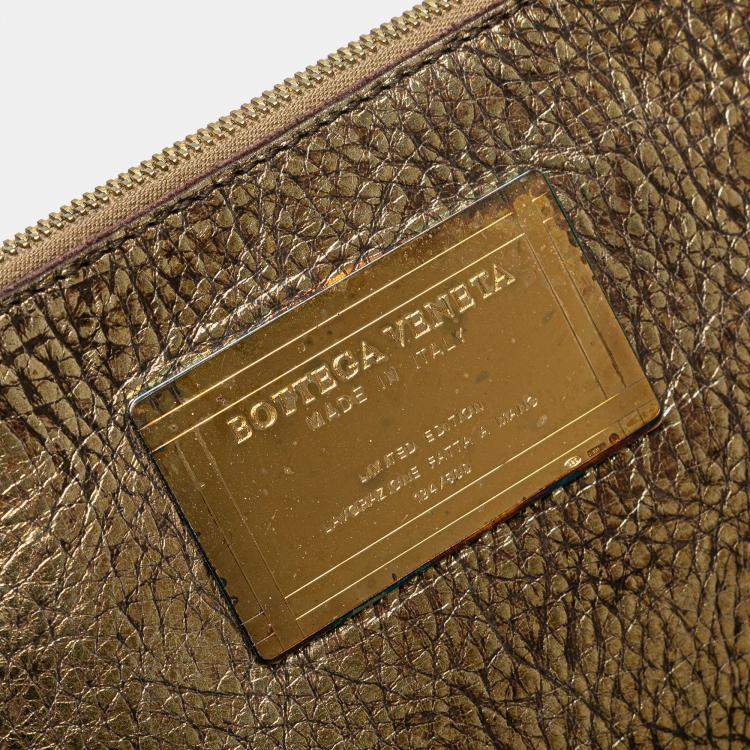 Pre Owned Bottega Veneta Gold Medium Lambskin Intreccio Cabat Tote