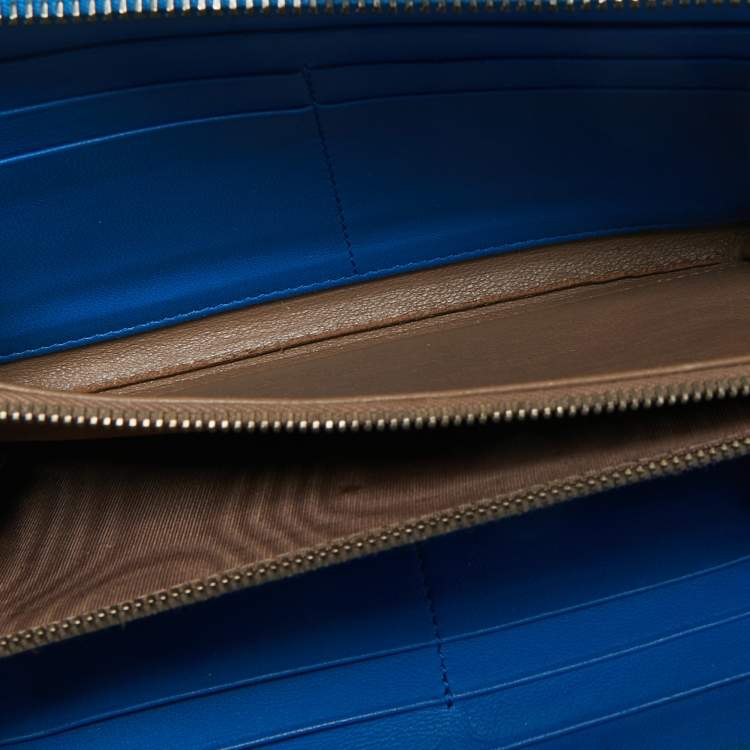 Pre Owned Bottega Veneta Blue Intrecciato Leather Zip Around Wallet