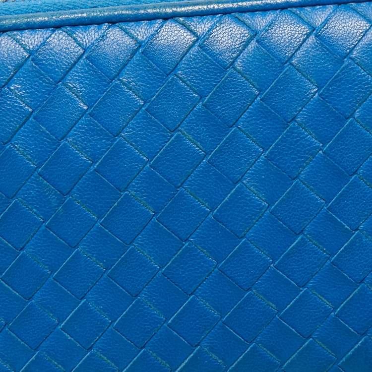 Pre Owned Bottega Veneta Blue Intrecciato Leather Zip Around Wallet