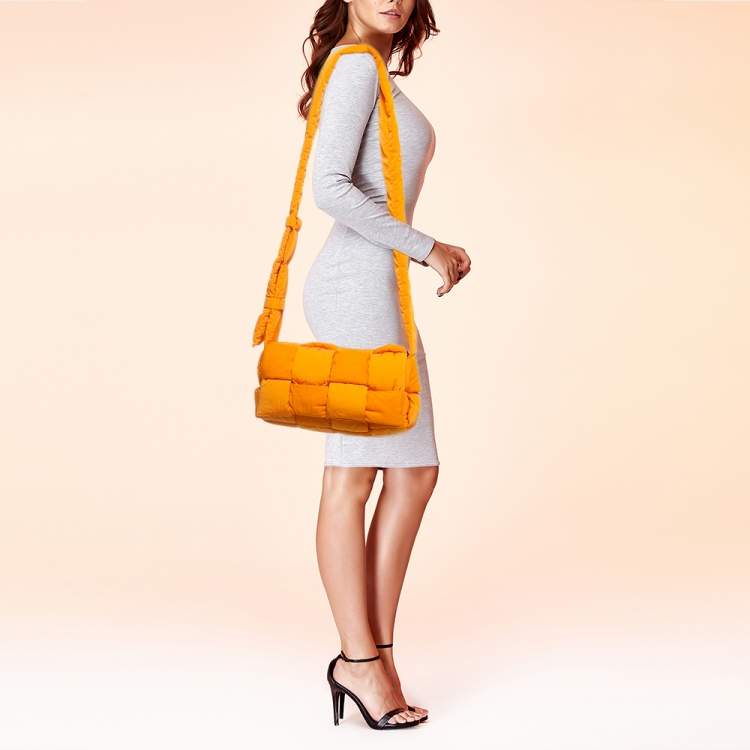 Pre Owned Bottega Veneta Orange Intreccio Nylon Medium Padded Tech Cassette Bag