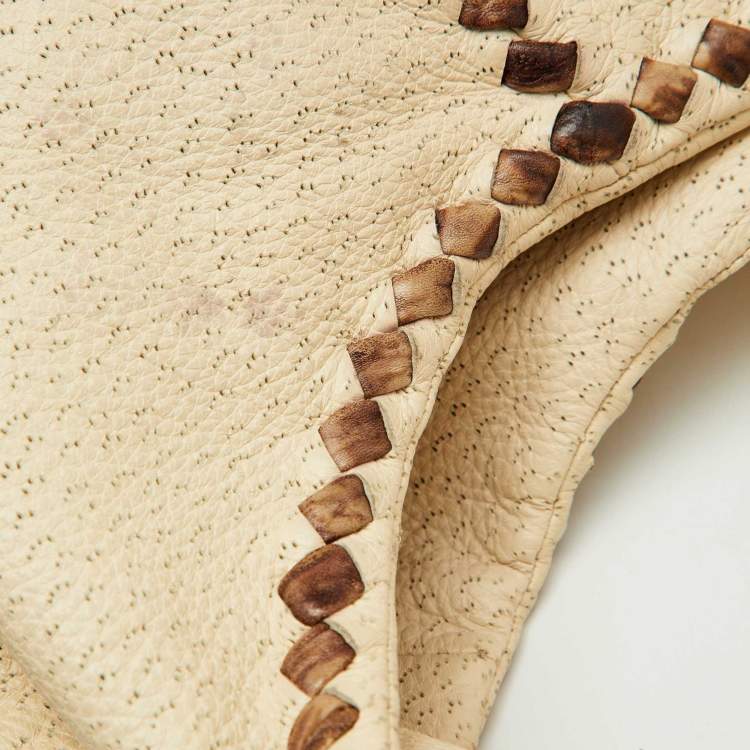 Pre Owned Bottega Veneta Off White/Brown Perforated Leather Baseball Hobo