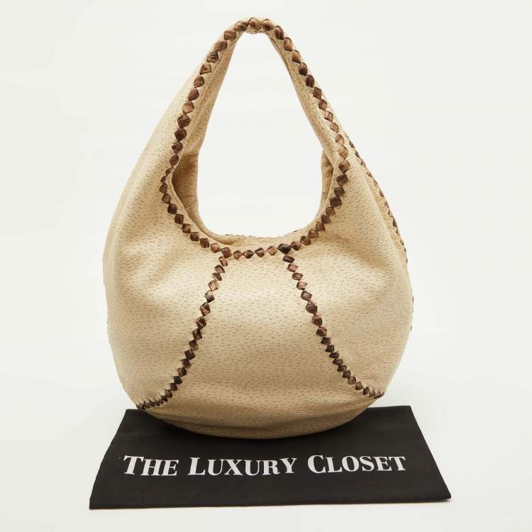 Pre Owned Bottega Veneta Off White/Brown Perforated Leather Baseball Hobo