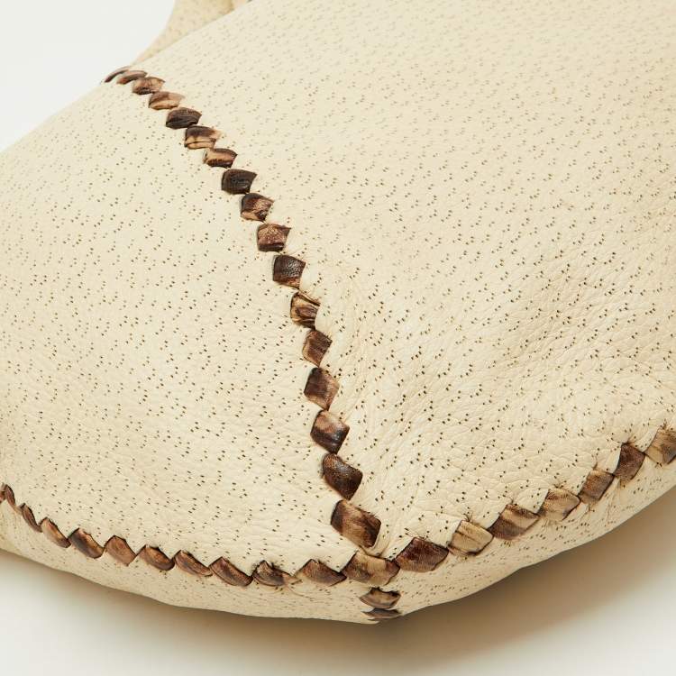 Pre Owned Bottega Veneta Off White/Brown Perforated Leather Baseball Hobo