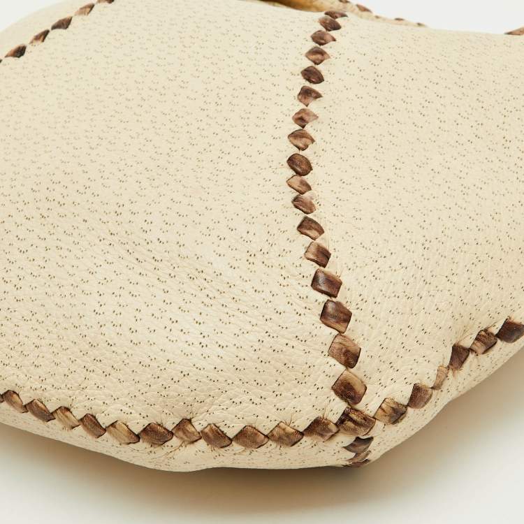 Pre Owned Bottega Veneta Off White/Brown Perforated Leather Baseball Hobo