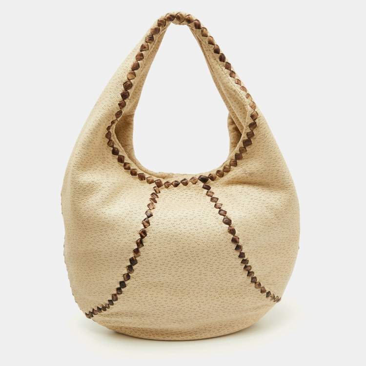 Pre Owned Bottega Veneta Off White/Brown Perforated Leather Baseball Hobo