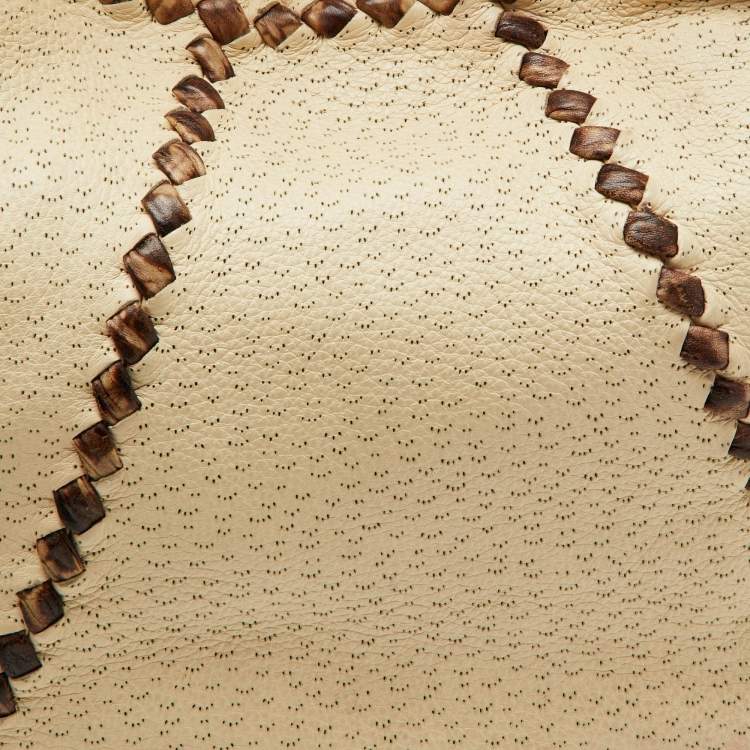 Pre Owned Bottega Veneta Off White/Brown Perforated Leather Baseball Hobo