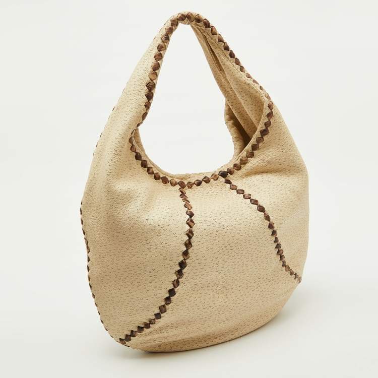 Pre Owned Bottega Veneta Off White/Brown Perforated Leather Baseball Hobo