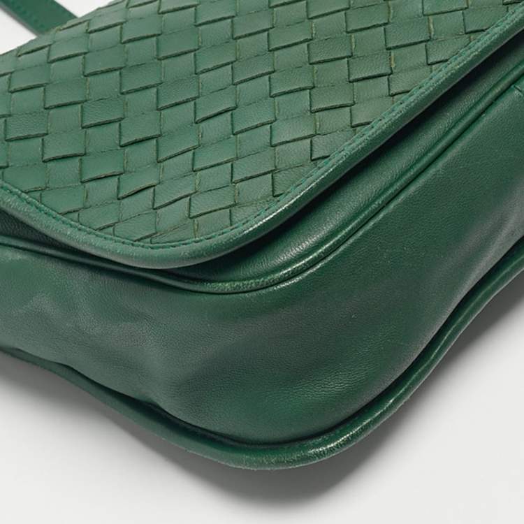 Pre Owned Bottega Veneta Green Intrecciato Leather Flap Crossbody Bag