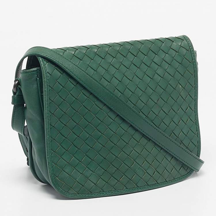 Pre Owned Bottega Veneta Green Intrecciato Leather Flap Crossbody Bag