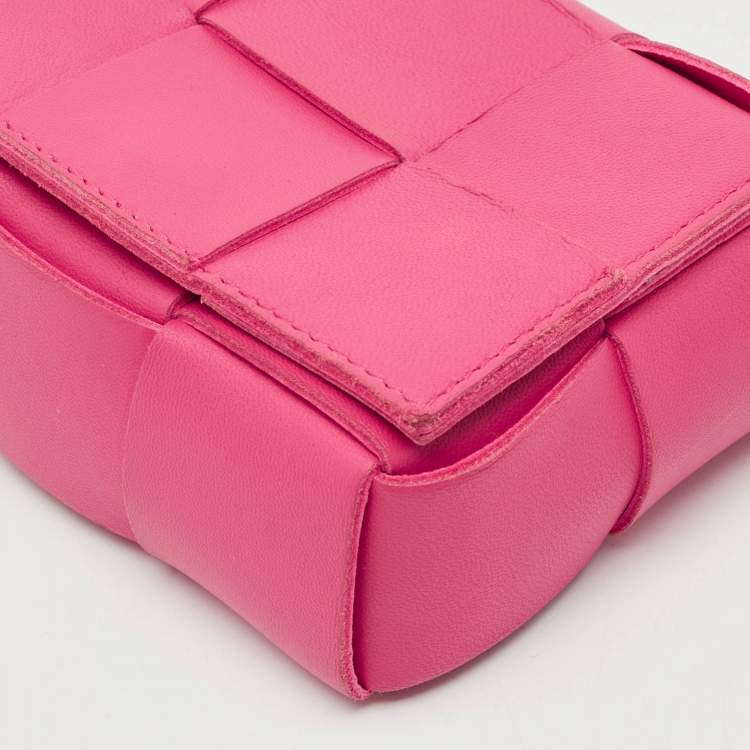 Pre Owned Bottega Veneta Pink Intreccio Leather Mini Cassette Shoulder Bag