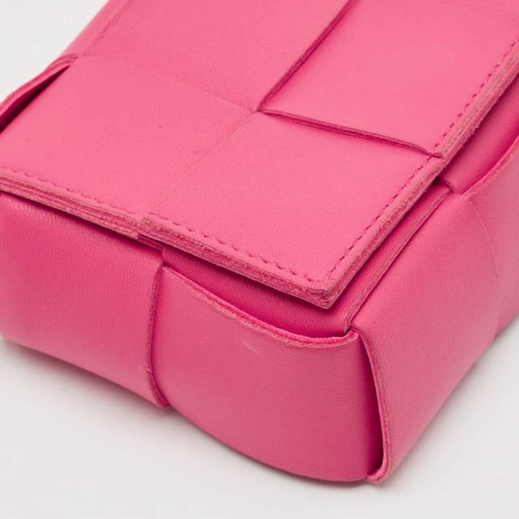 Pre Owned Bottega Veneta Pink Intreccio Leather Mini Cassette Shoulder Bag