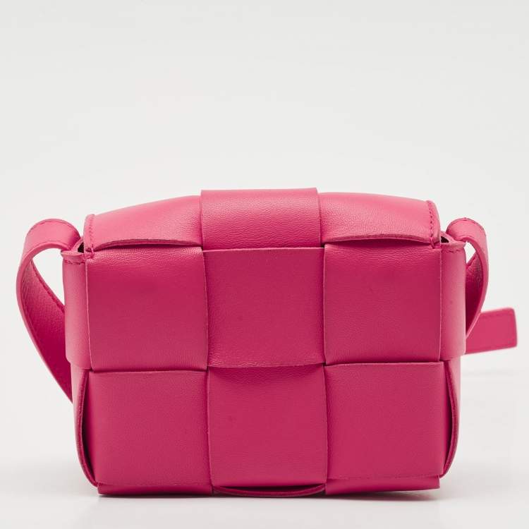 Pre Owned Bottega Veneta Pink Intreccio Leather Mini Cassette Shoulder Bag