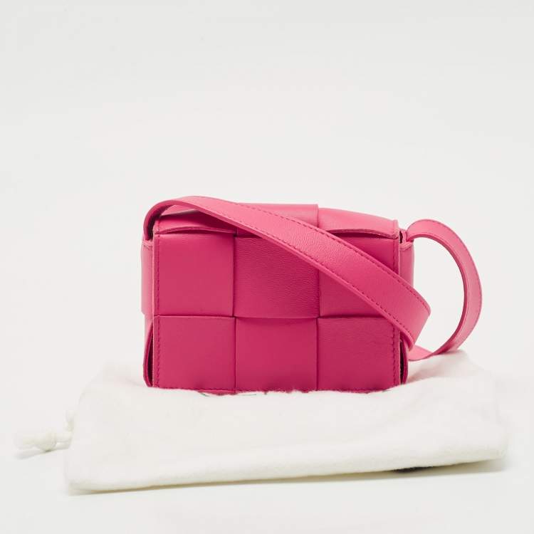 Pre Owned Bottega Veneta Pink Intreccio Leather Mini Cassette Shoulder Bag