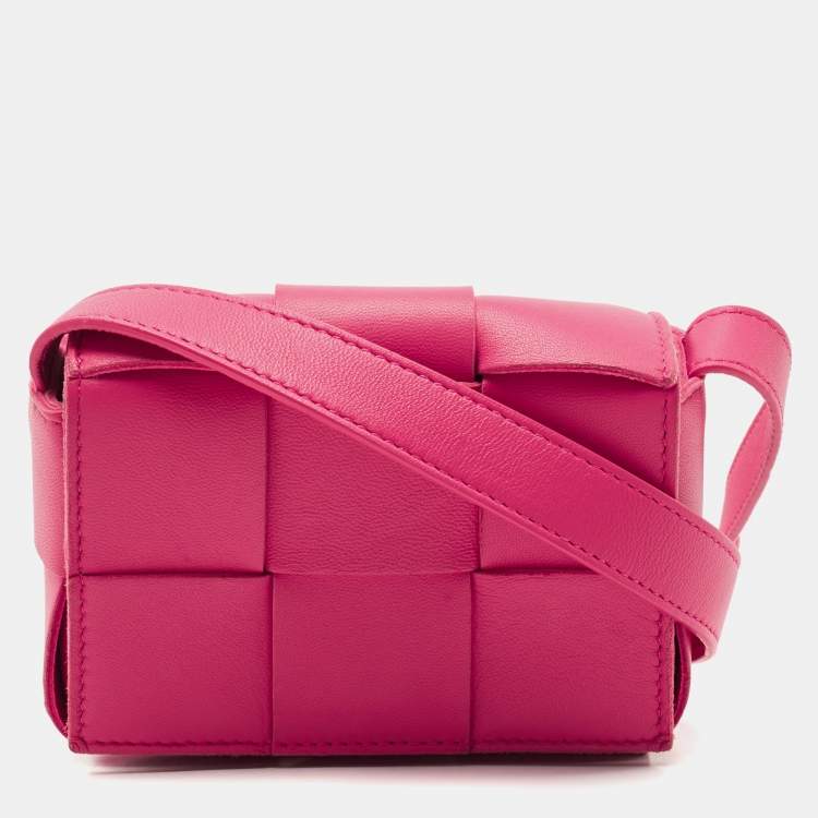 Pre Owned Bottega Veneta Pink Intreccio Leather Mini Cassette Shoulder Bag