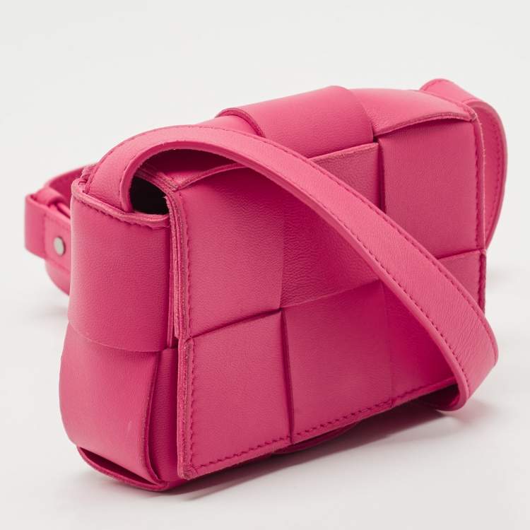 Pre Owned Bottega Veneta Pink Intreccio Leather Mini Cassette Shoulder Bag