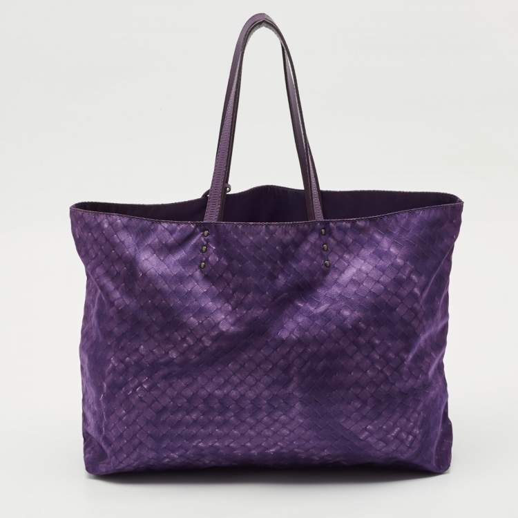 Pre Owned Bottega Veneta Purple Intrecciato Printed Nylon and Leather Tote