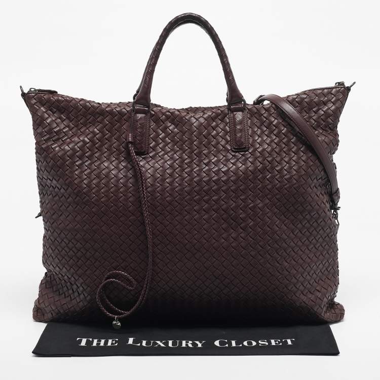Pre Owned Bottega Veneta Burgundy Intrecciato Leather Maxi Convertible Tote