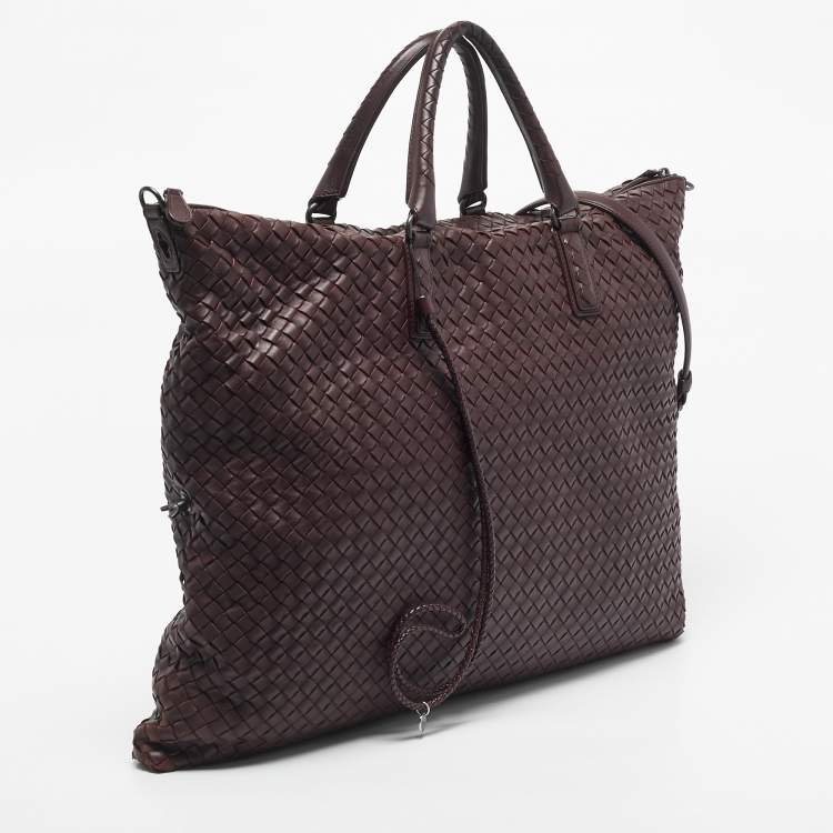Pre Owned Bottega Veneta Burgundy Intrecciato Leather Maxi Convertible Tote