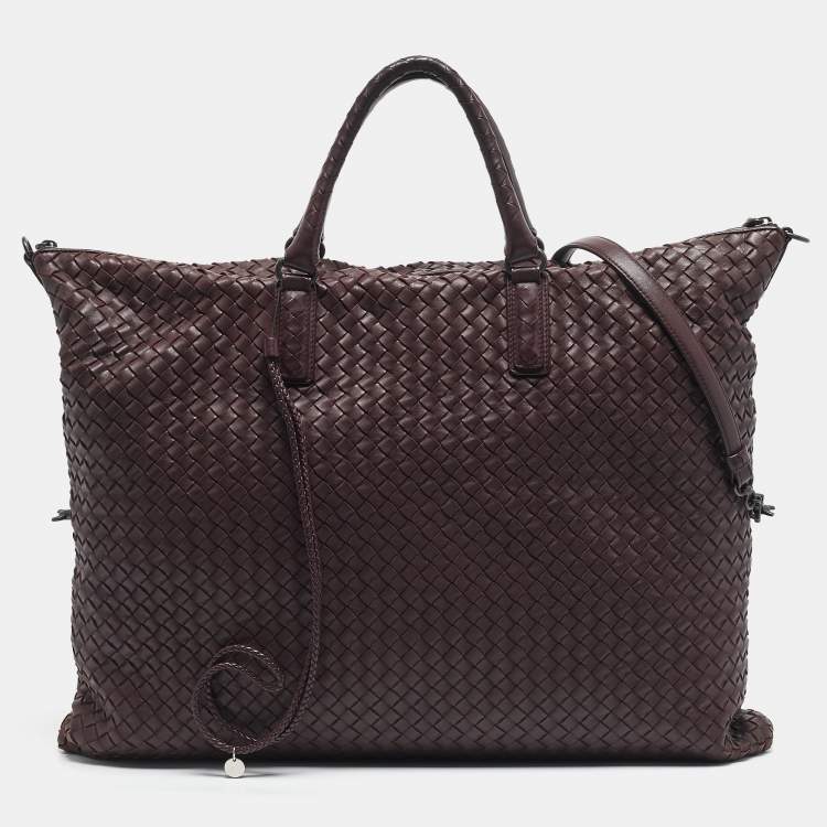 Pre Owned Bottega Veneta Burgundy Intrecciato Leather Maxi Convertible Tote