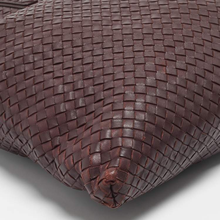 Pre Owned Bottega Veneta Burgundy Intrecciato Leather Maxi Convertible Tote