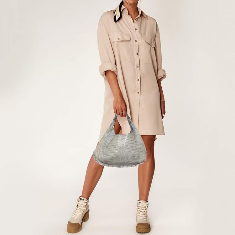 Pre Owned Bottega Veneta Beige/Blue Crocodile Campana Hobo