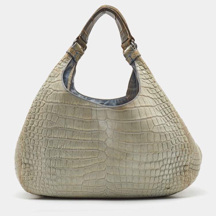 Pre Owned Bottega Veneta Beige/Blue Crocodile Campana Hobo