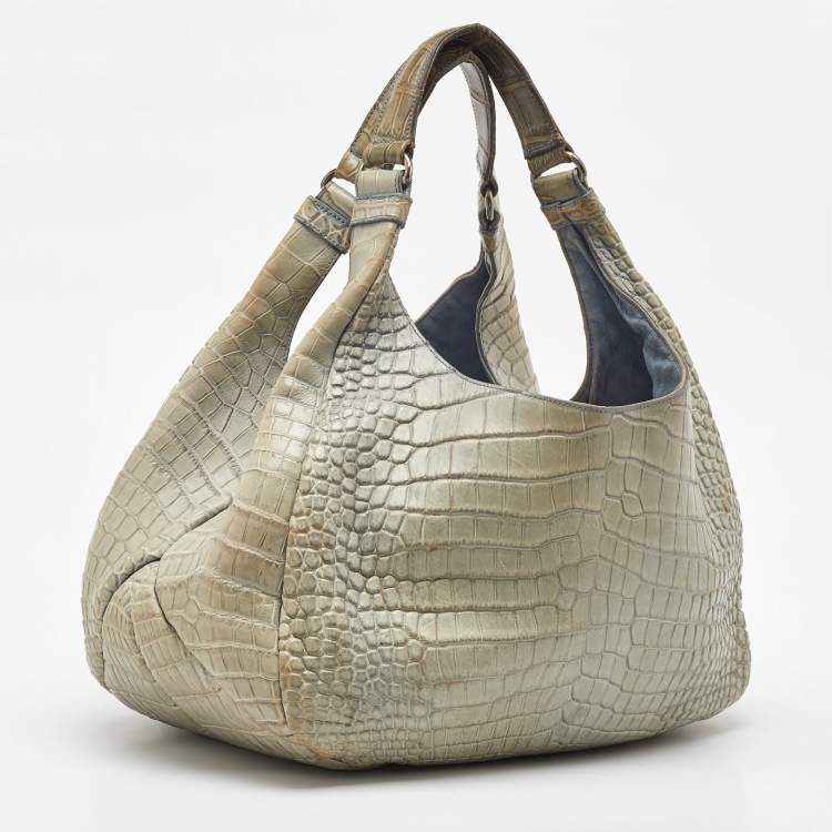 Pre Owned Bottega Veneta Beige/Blue Crocodile Campana Hobo