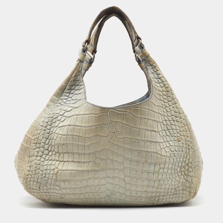 Pre Owned Bottega Veneta Beige/Blue Crocodile Campana Hobo