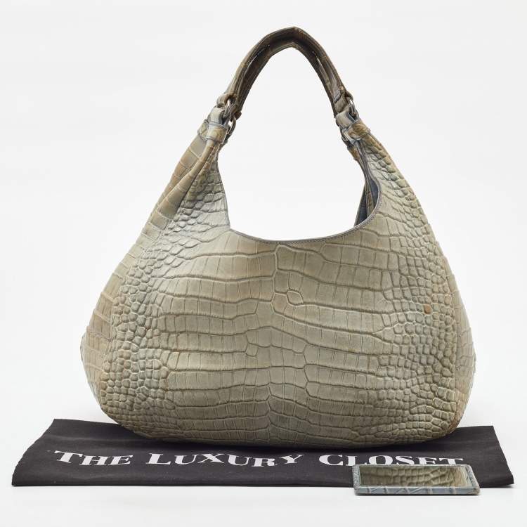 Pre Owned Bottega Veneta Beige/Blue Crocodile Campana Hobo