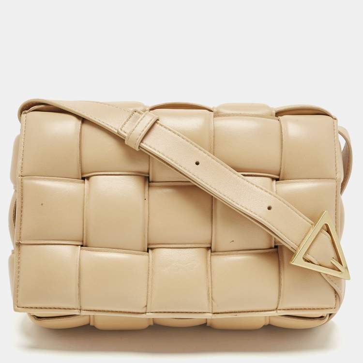 Pre Owned Bottega Veneta Beige Intreccio Leather Padded Cassette Shoulder Bag