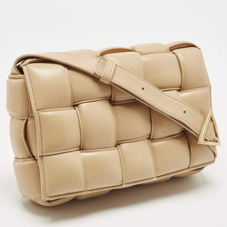 Pre Owned Bottega Veneta Beige Intreccio Leather Padded Cassette Shoulder Bag