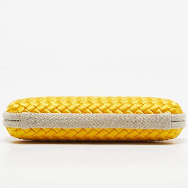 Pre Owned Bottega Veneta Yellow/Beige Satin and Rope Trim Knot Long Clutch