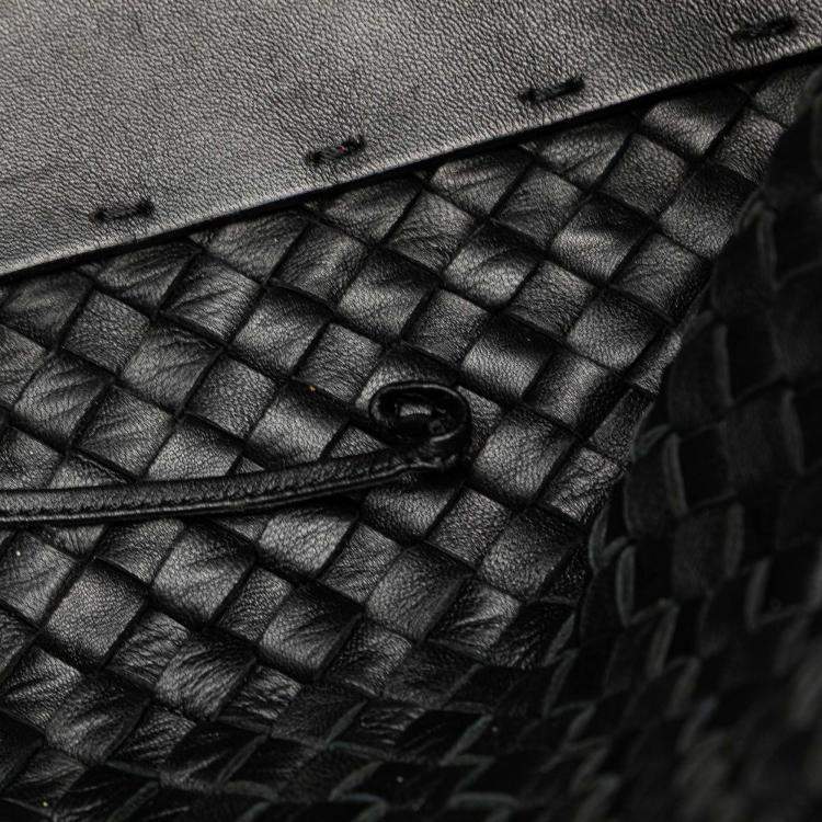 Pre Owned Bottega Veneta Black Medium Lambskin Intreccio Cabat Tote