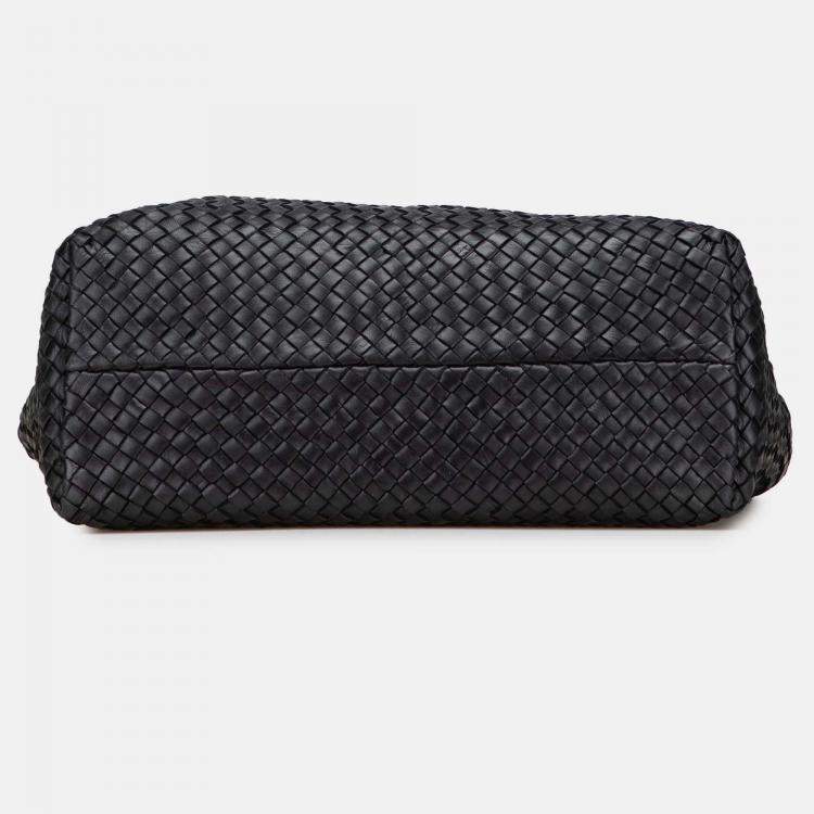 Pre Owned Bottega Veneta Black Medium Lambskin Intreccio Cabat Tote