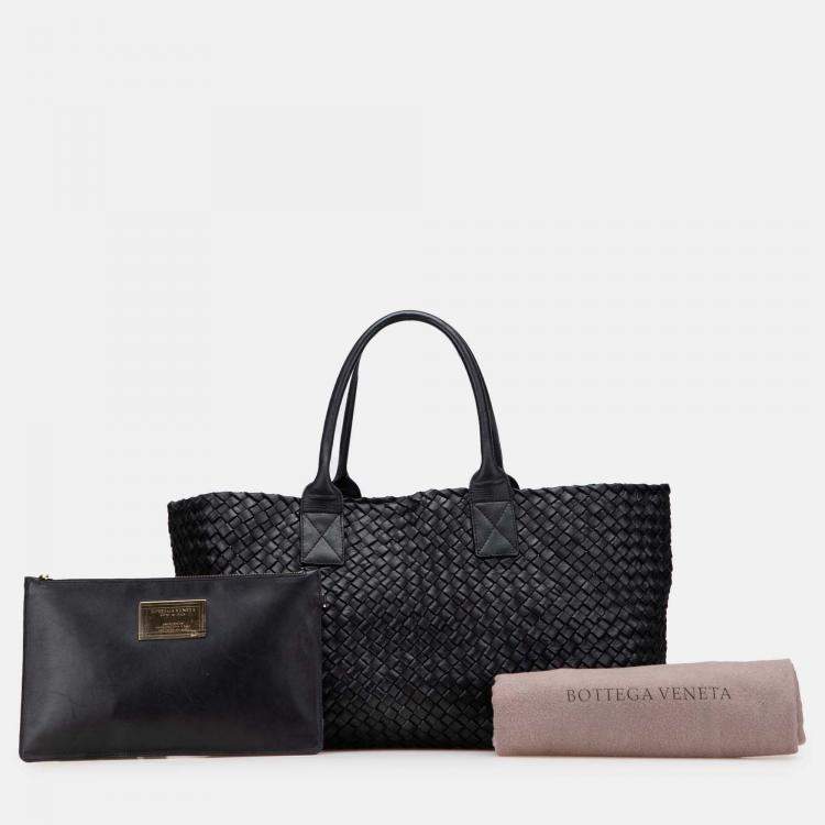 Pre Owned Bottega Veneta Black Medium Lambskin Intreccio Cabat Tote