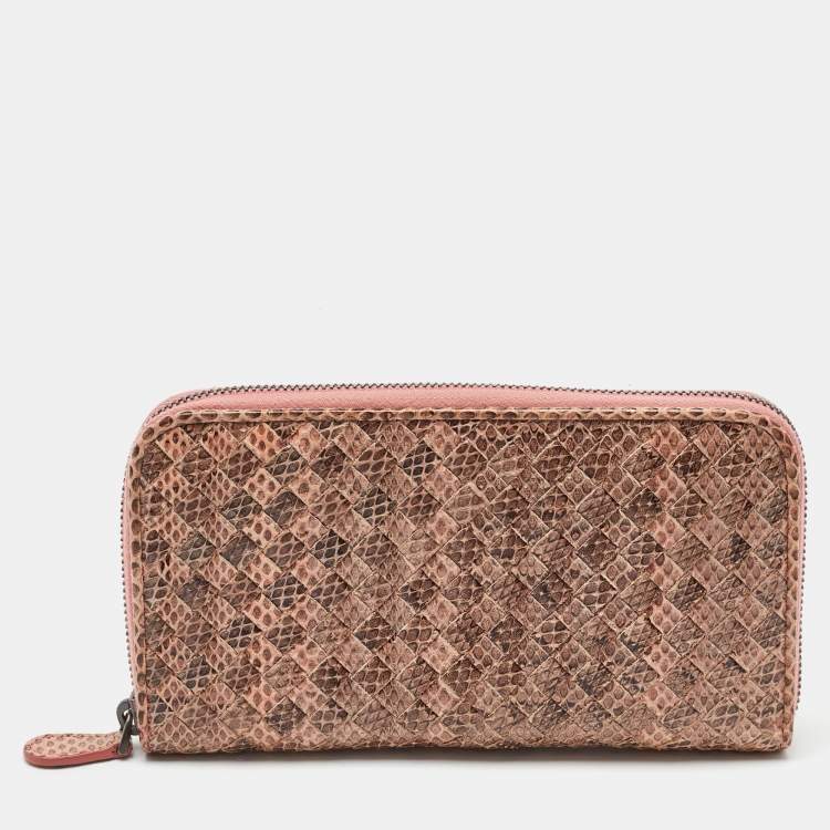 Pre Owned Bottega Veneta Peach/Brown Intrecciato Karung Leather Zip Continental Wallet