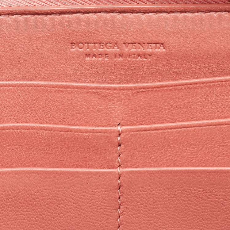 Pre Owned Bottega Veneta Peach/Brown Intrecciato Karung Leather Zip Continental Wallet