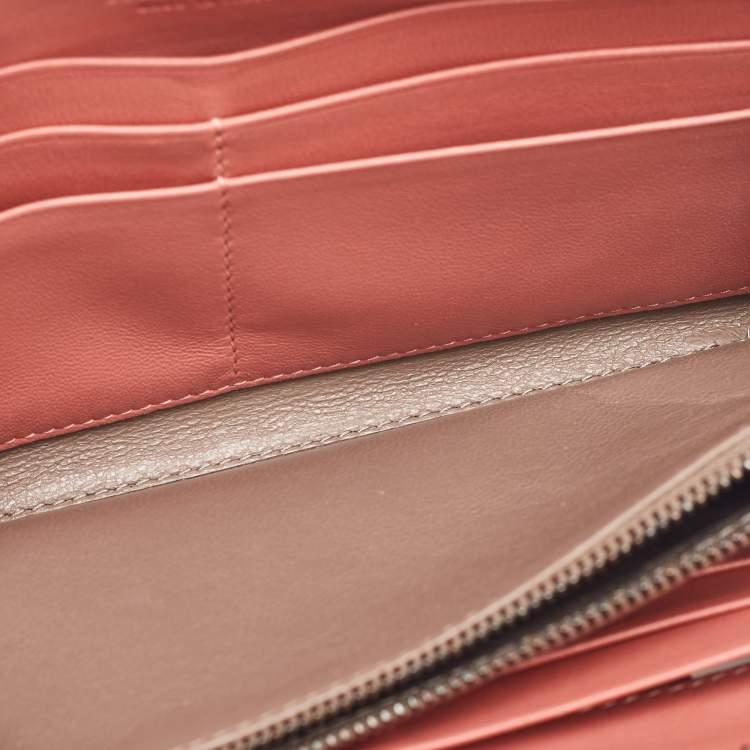 Pre Owned Bottega Veneta Peach/Brown Intrecciato Karung Leather Zip Continental Wallet