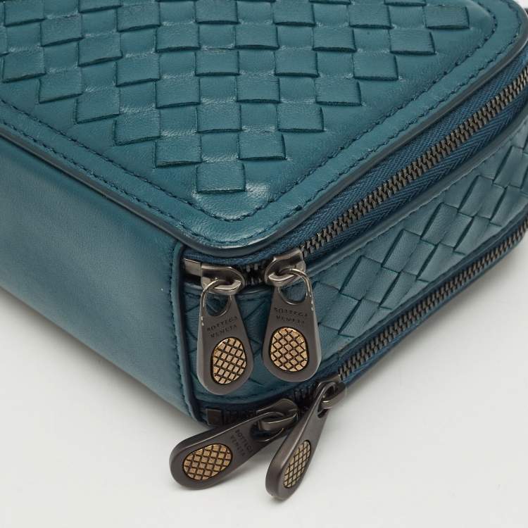 Pre Owned Bottega Veneta Teal Blue Intrecciato Leather Small Double Zip Shoulder Bag