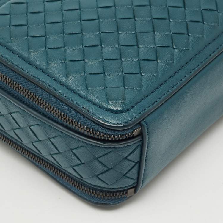 Pre Owned Bottega Veneta Teal Blue Intrecciato Leather Small Double Zip Shoulder Bag