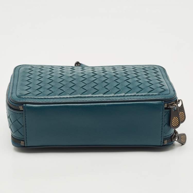 Pre Owned Bottega Veneta Teal Blue Intrecciato Leather Small Double Zip Shoulder Bag
