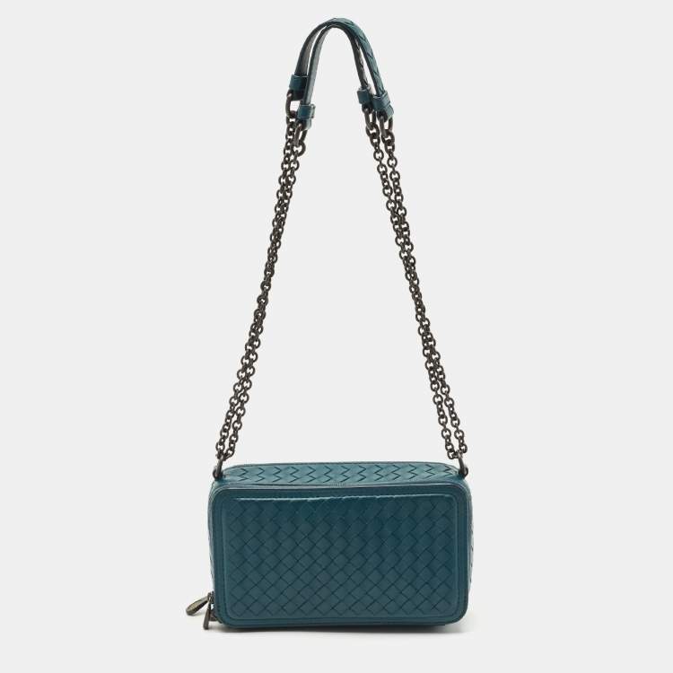 Pre Owned Bottega Veneta Teal Blue Intrecciato Leather Small Double Zip Shoulder Bag